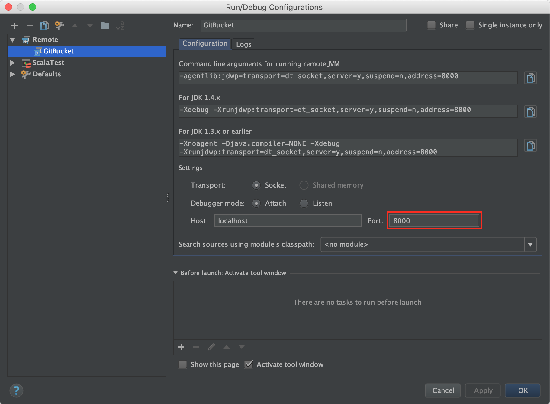 Remote debug configuration on IntelliJ